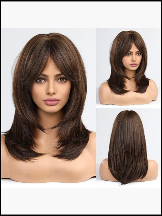Long Layered Wig with Bangs Heat Resistant Synthetic Straight Waves Daily Wear